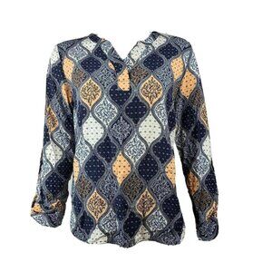 Talbots Top Womens Size S Small Blue Orange Multipatterned Long Sleeve